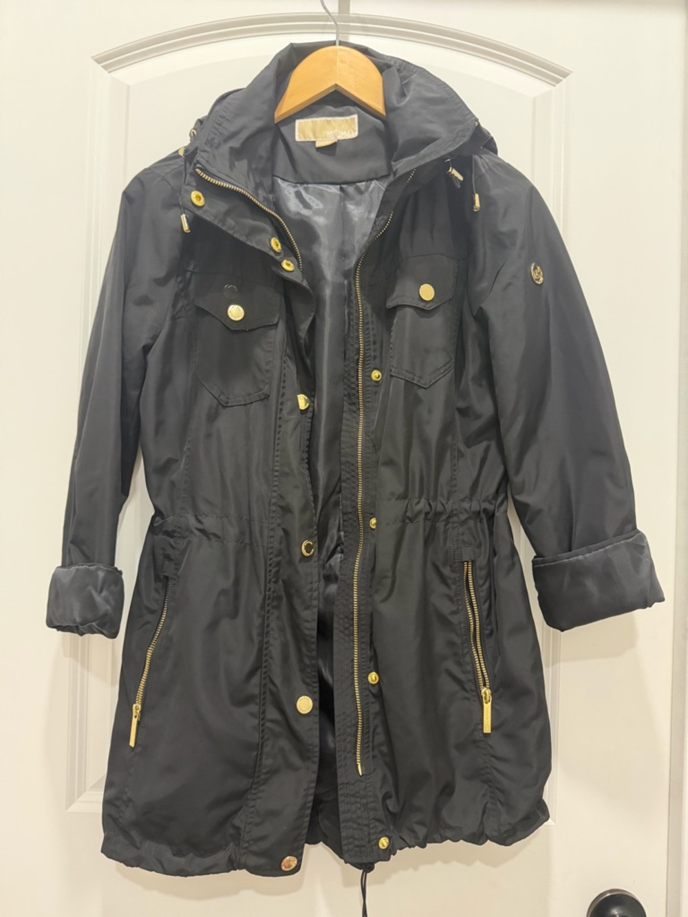 Michael Kors Black Trench Coat with Gold Hardware